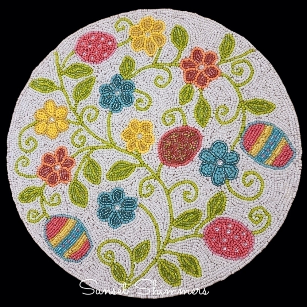 x2 SHABBY CHIC EASTER Egg & Flowers BEADED Jeweled PLACEMAT CHARGERS 14" NEW
